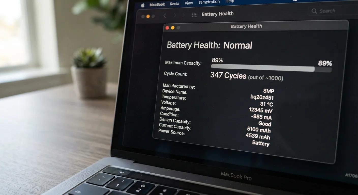 Laptop screen displaying battery health diagnostic report with cycle count and maximum capacity data