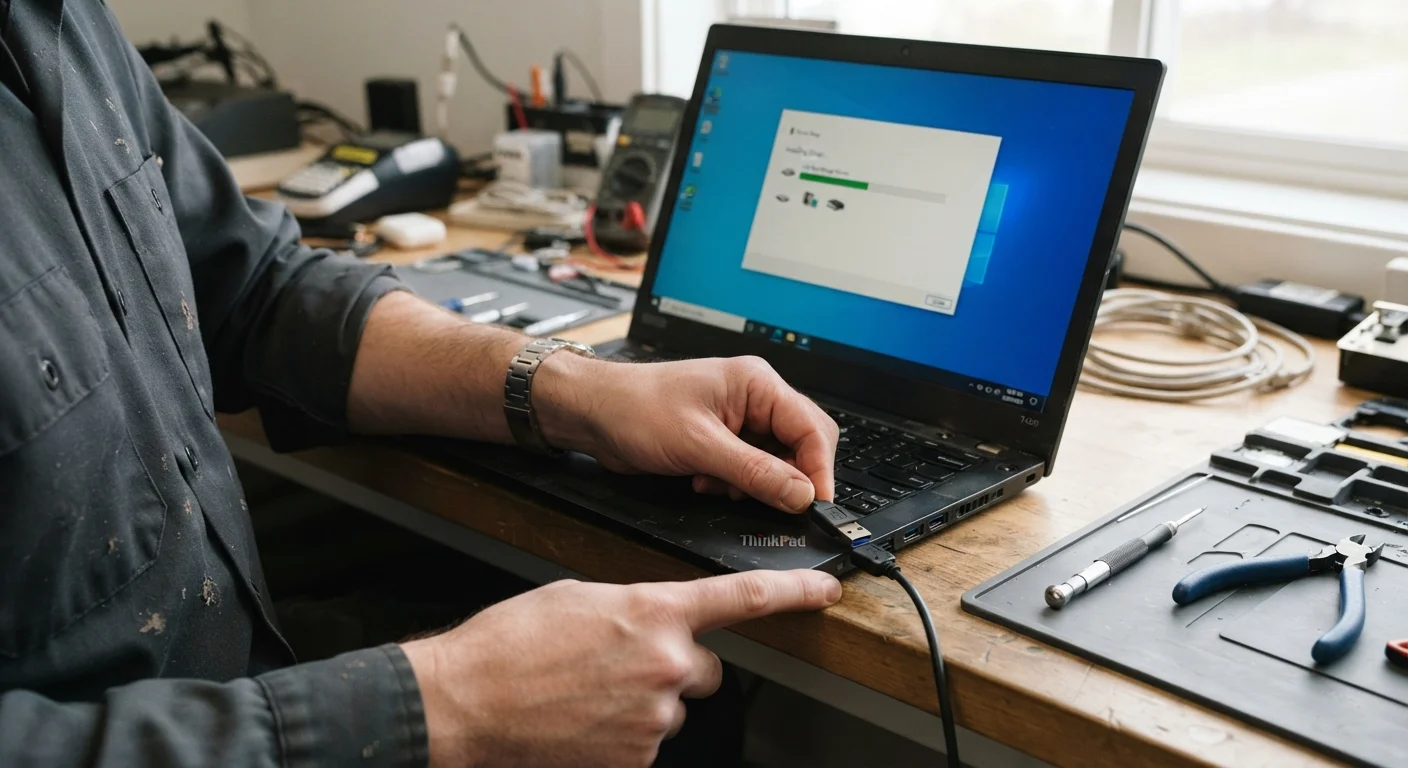 Hands testing a USB port on a refurbished laptop by plugging in a cable on a clean desk
