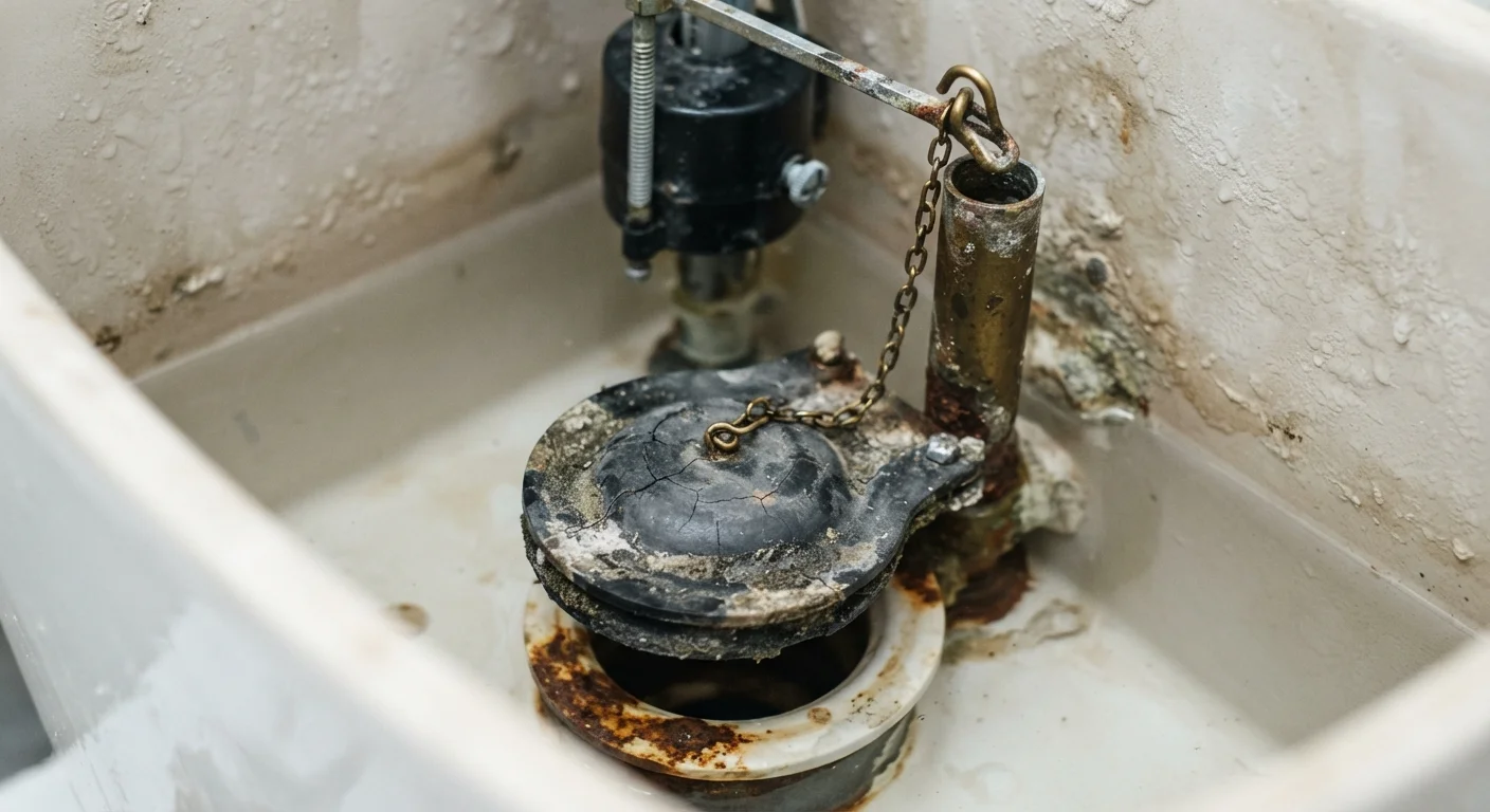 Inside view of a toilet tank showing a worn rubber flapper at the tank bottom