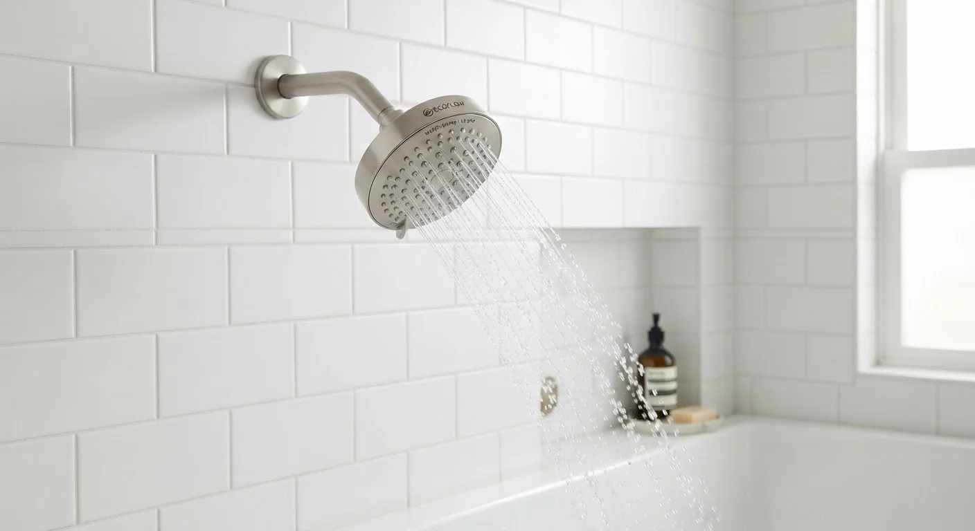 A WaterSense low-flow showerhead with water streaming in a modern white bathroom