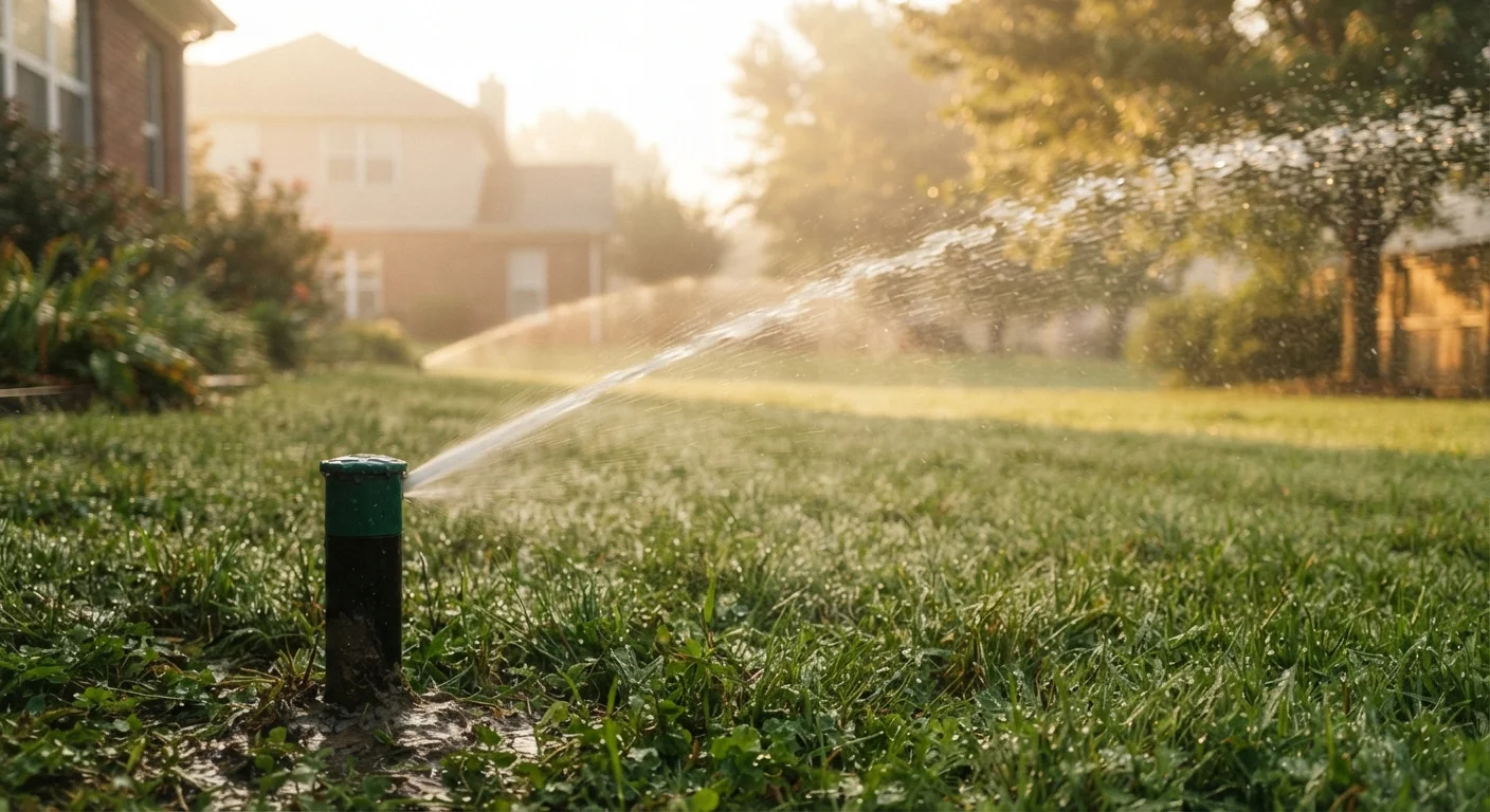 A lawn sprinkler head spraying a wide arc of water across green grass in early morning