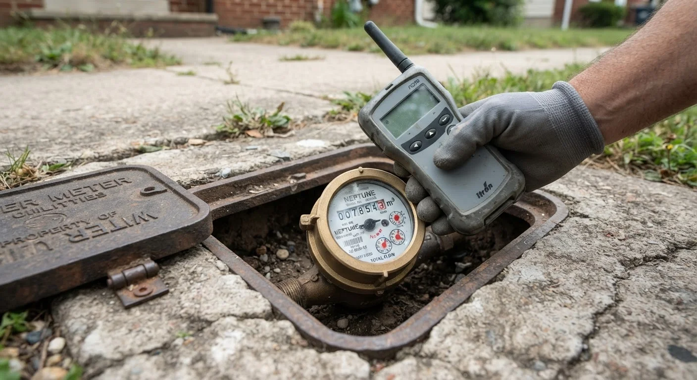 A hand pointing at a residential water meter installed near the ground with visible usage numbers