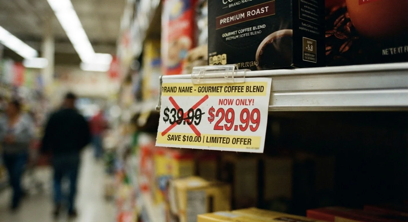 Retail price tag showing a crossed-out original price next to a discounted sale price
