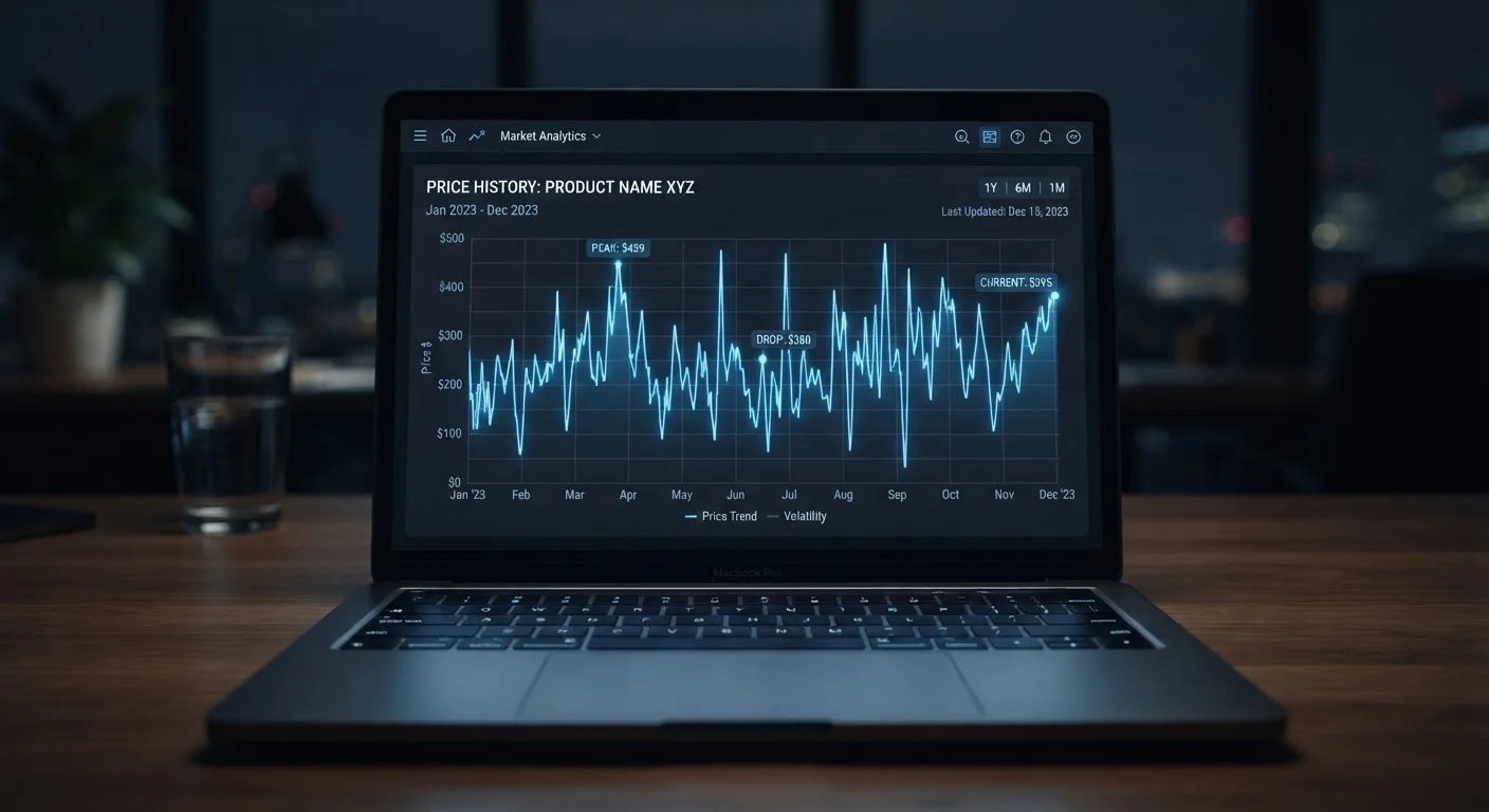 Computer screen showing a product price history graph with monthly price fluctuations over one year