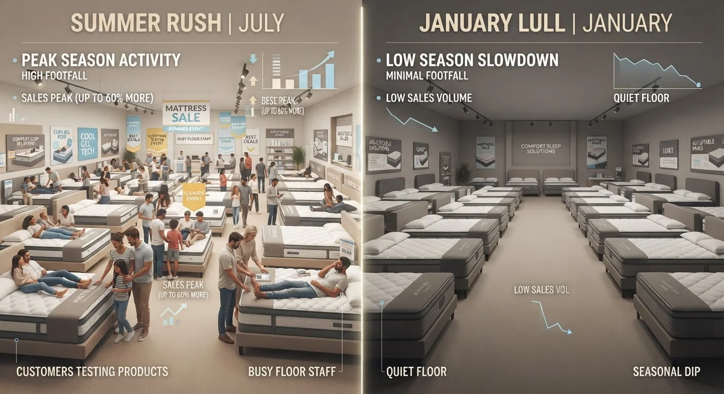 Split image contrasting a busy mattress showroom in summer with an empty one in January