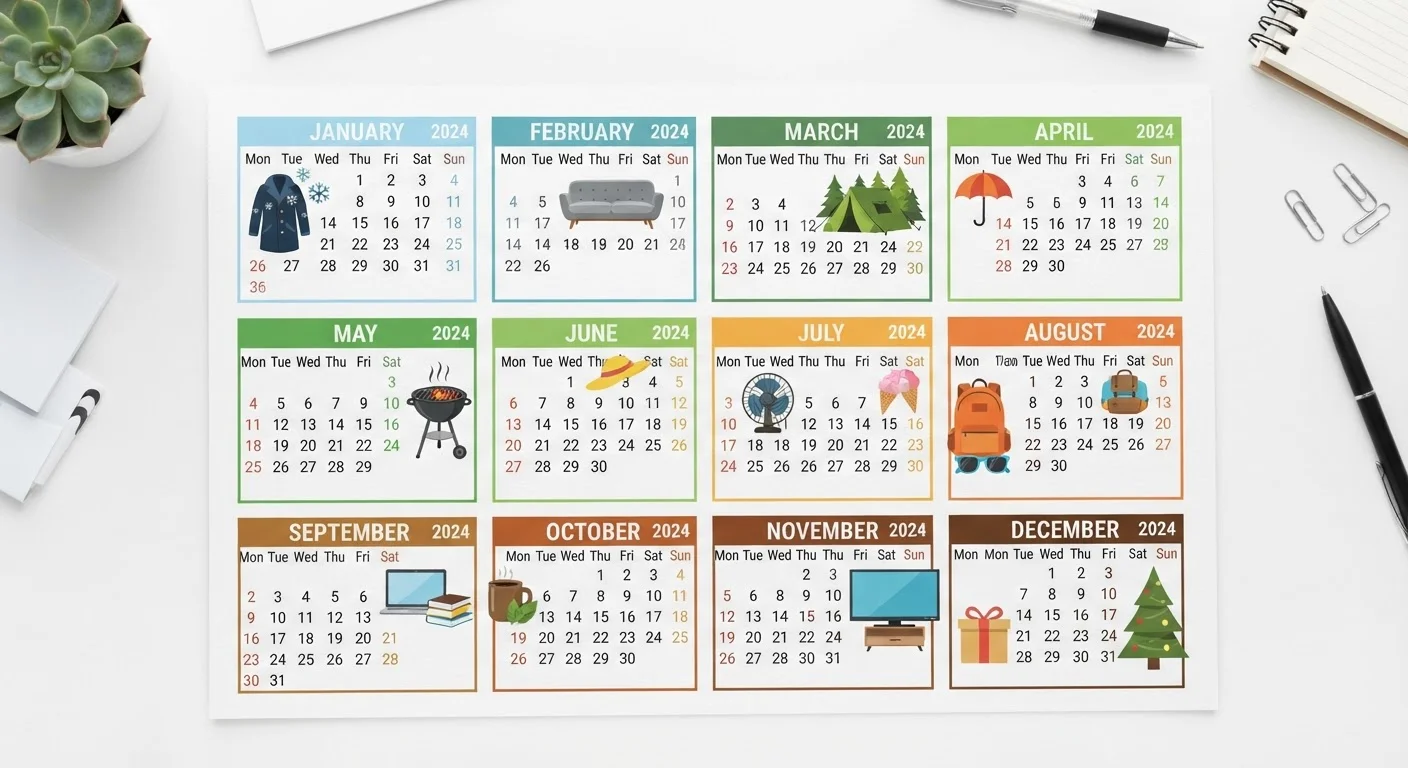 Flat-lay twelve-month calendar with product icons marking optimal buying windows for each category