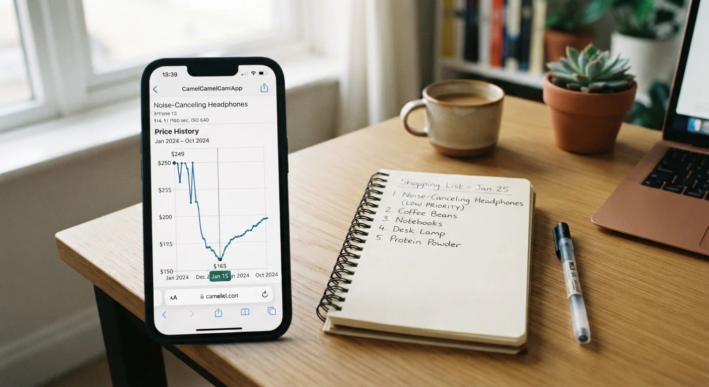 Smartphone showing a product price history graph with a January dip, next to a handwritten shopping list