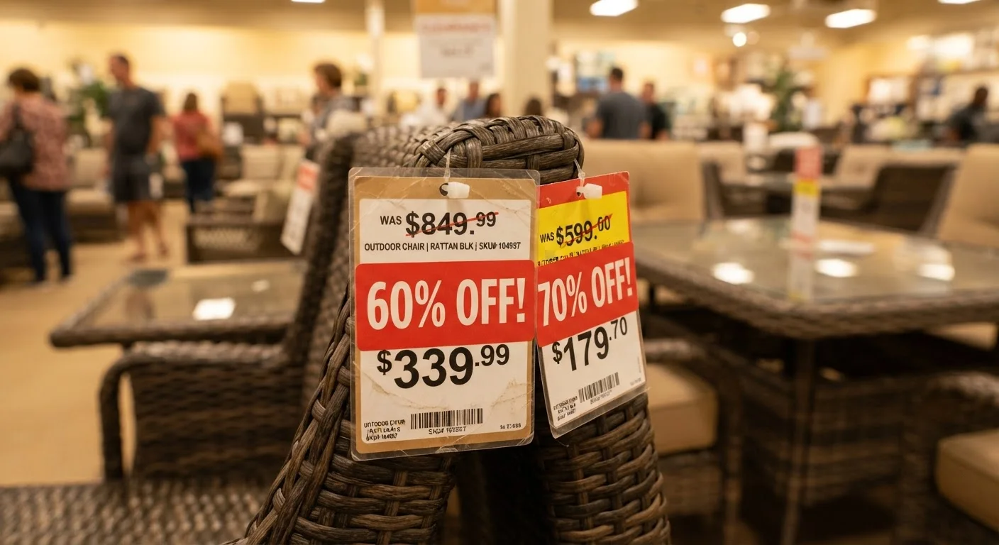 Clearance price tags on patio furniture showing 60 to 70 percent discount stickers over original prices