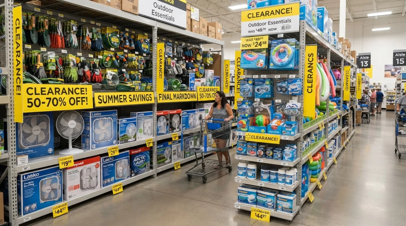 Retail store clearance aisle with summer outdoor products including garden tools and cooling fans marked down