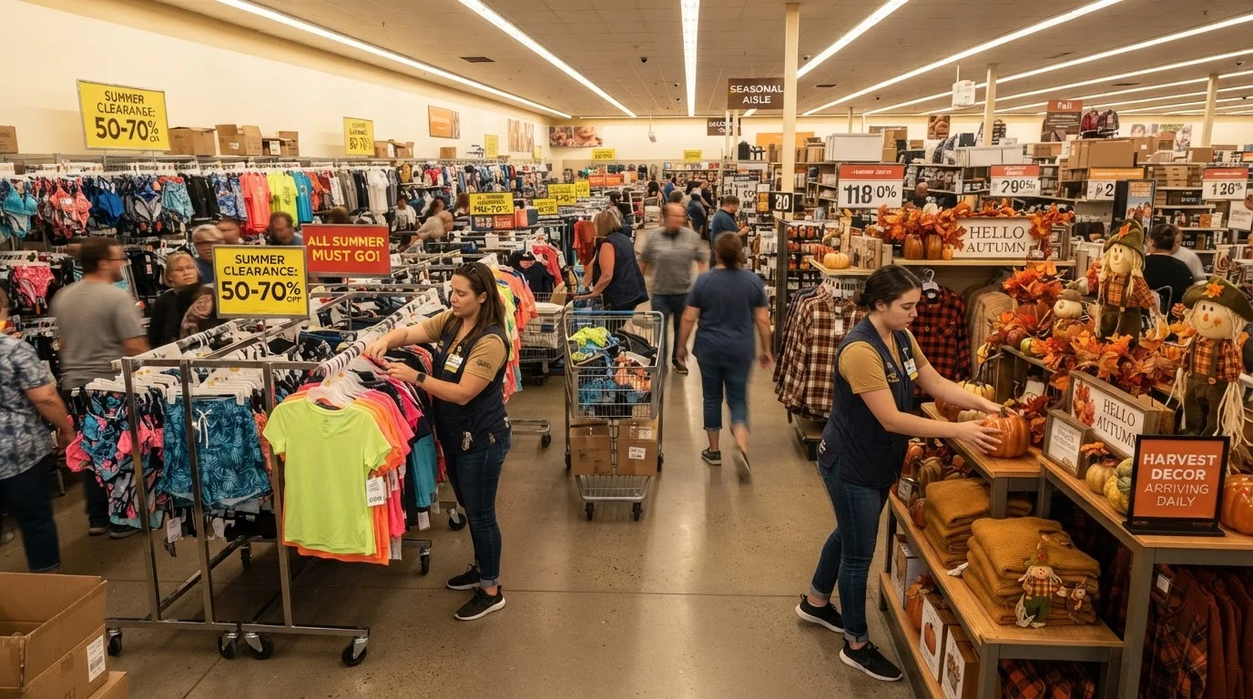 Store workers transitioning floor from summer clearance merchandise to fall seasonal inventory in late August