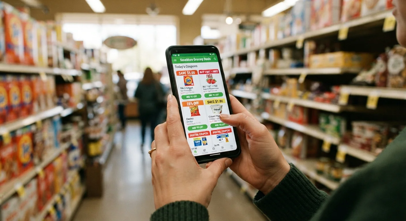 Person scrolling through digital coupon offers on a smartphone in a grocery store