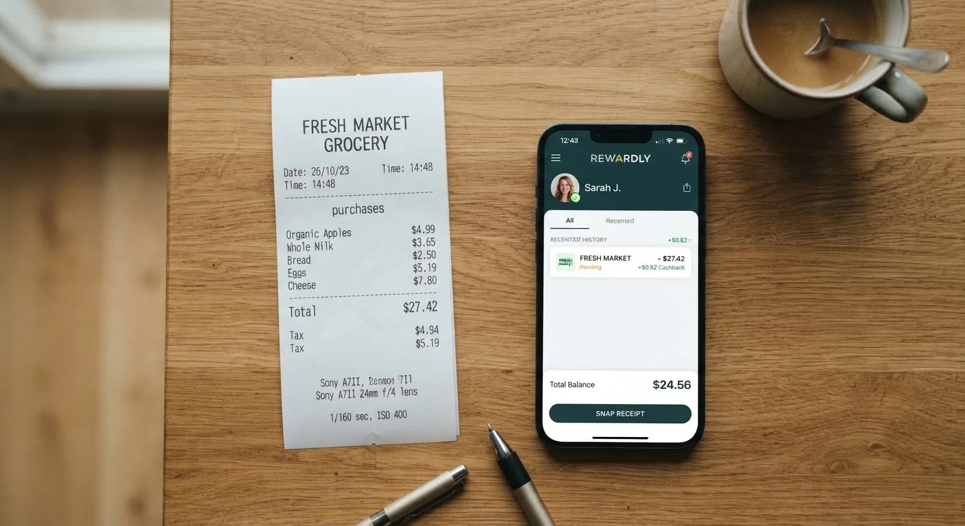 Grocery receipt beside a smartphone open to a cashback app receipt submission screen