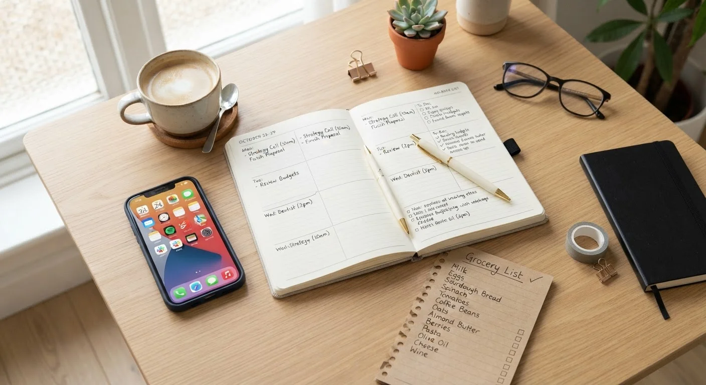 Weekly planner, shopping list, and smartphone showing coupon apps arranged on a desk