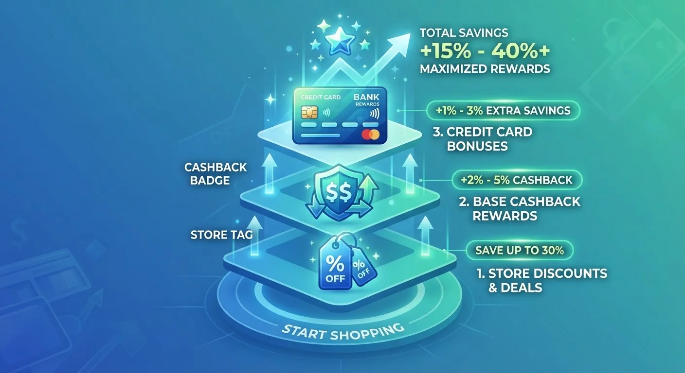 Stylized graphic showing three stacked savings layers: store coupon, cashback app, and credit card reward