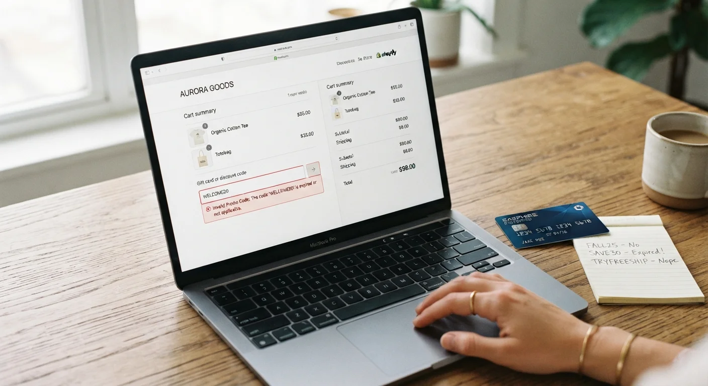 Laptop checkout screen showing an invalid promo code error with handwritten codes nearby