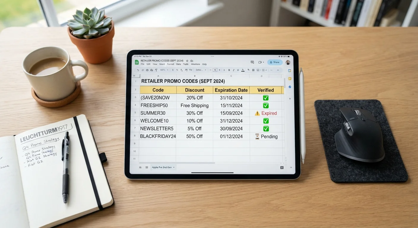 Tablet showing a spreadsheet used to track and verify retailer promo codes
