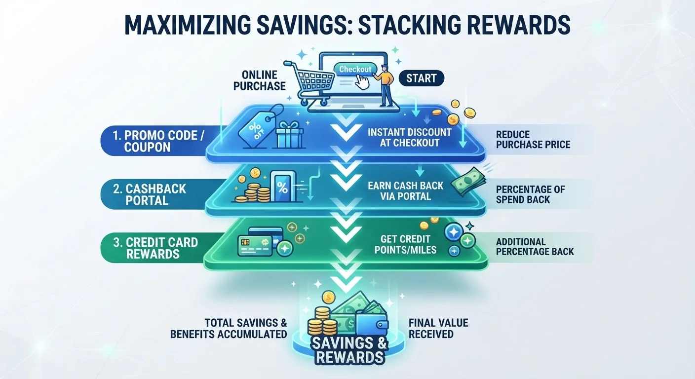 Infographic showing three stacked discount layers: promo code, cashback portal, and credit card rewards