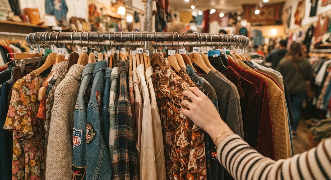 A hand browsing through a packed thrift store clothing rack filled with diverse styles.