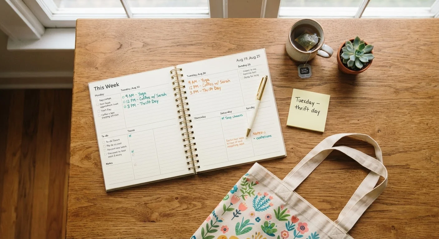 A weekly planner and sticky note labeled 'Tuesday - thrift day' beside a reusable tote bag.
