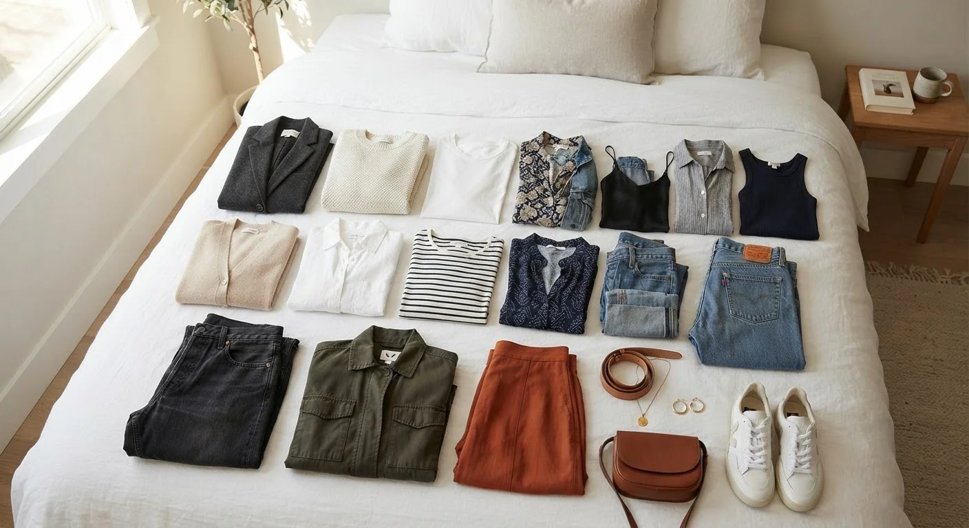 A curated capsule wardrobe of secondhand clothing arranged neatly on a white bed.