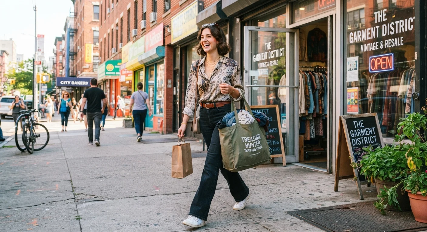 A confident shopper walking out of a thrift store with a full bag of secondhand finds.