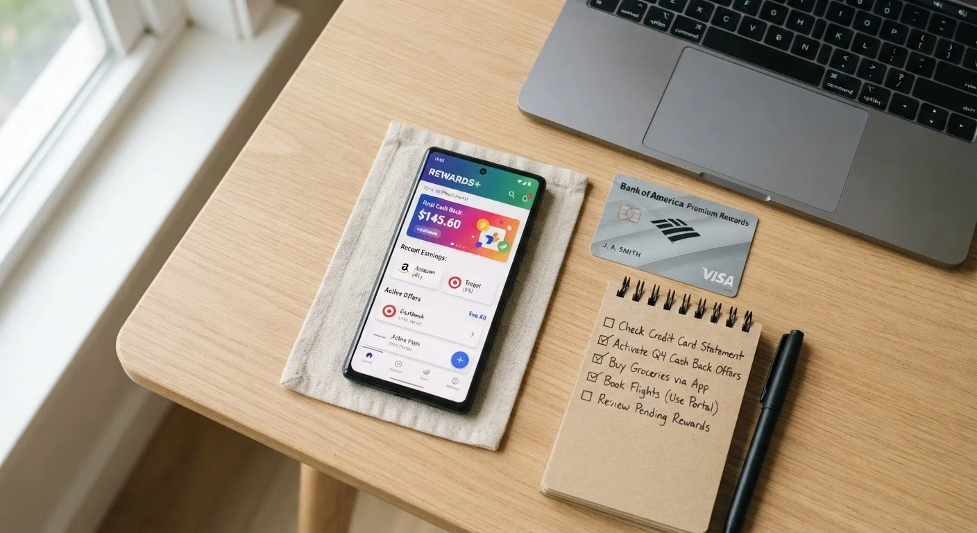 Smartphone showing cashback portal app beside a credit card and a shopping checklist on a desk.
