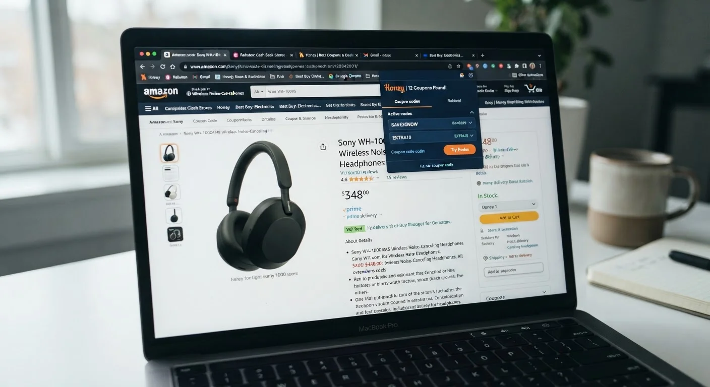 Browser tabs showing a cashback portal, retailer page, and coupon extension popup open simultaneously.