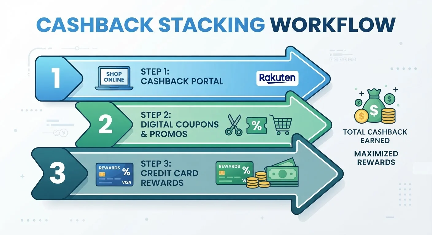 Infographic showing the correct order for stacking cashback portal, coupon, and credit card rewards.