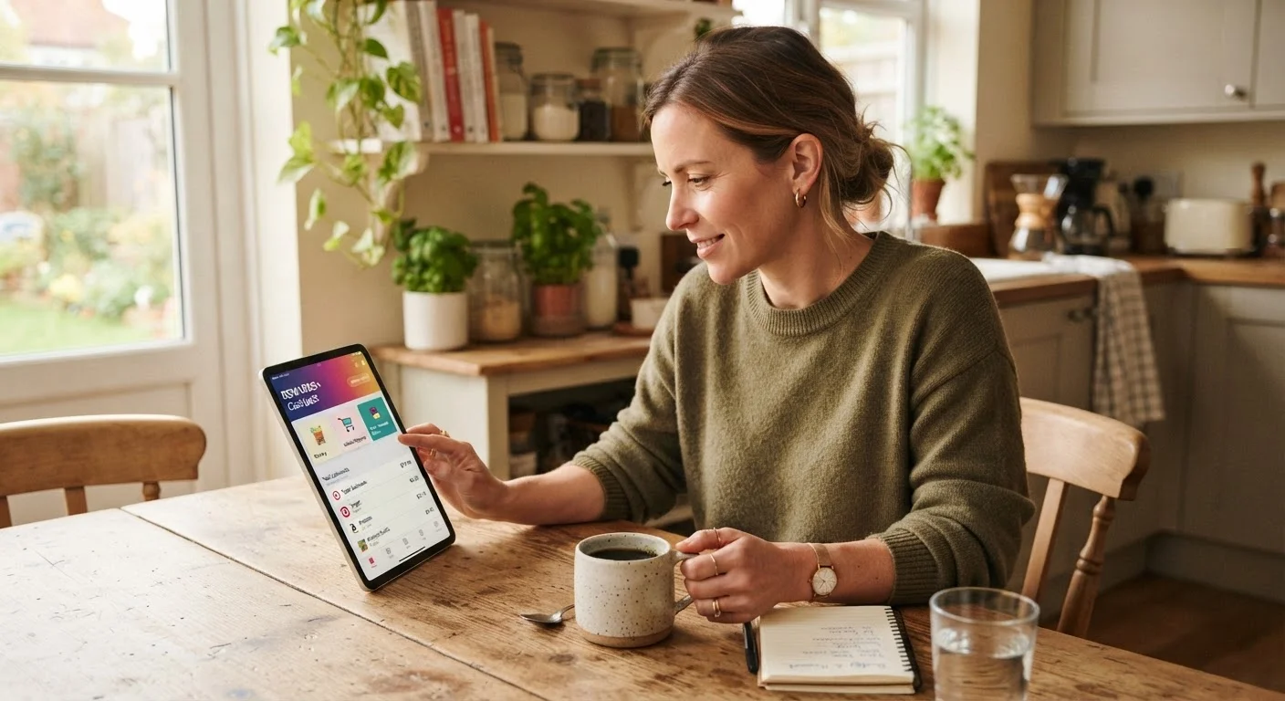 Person reviewing cashback balances on a tablet at a kitchen table with coffee nearby.