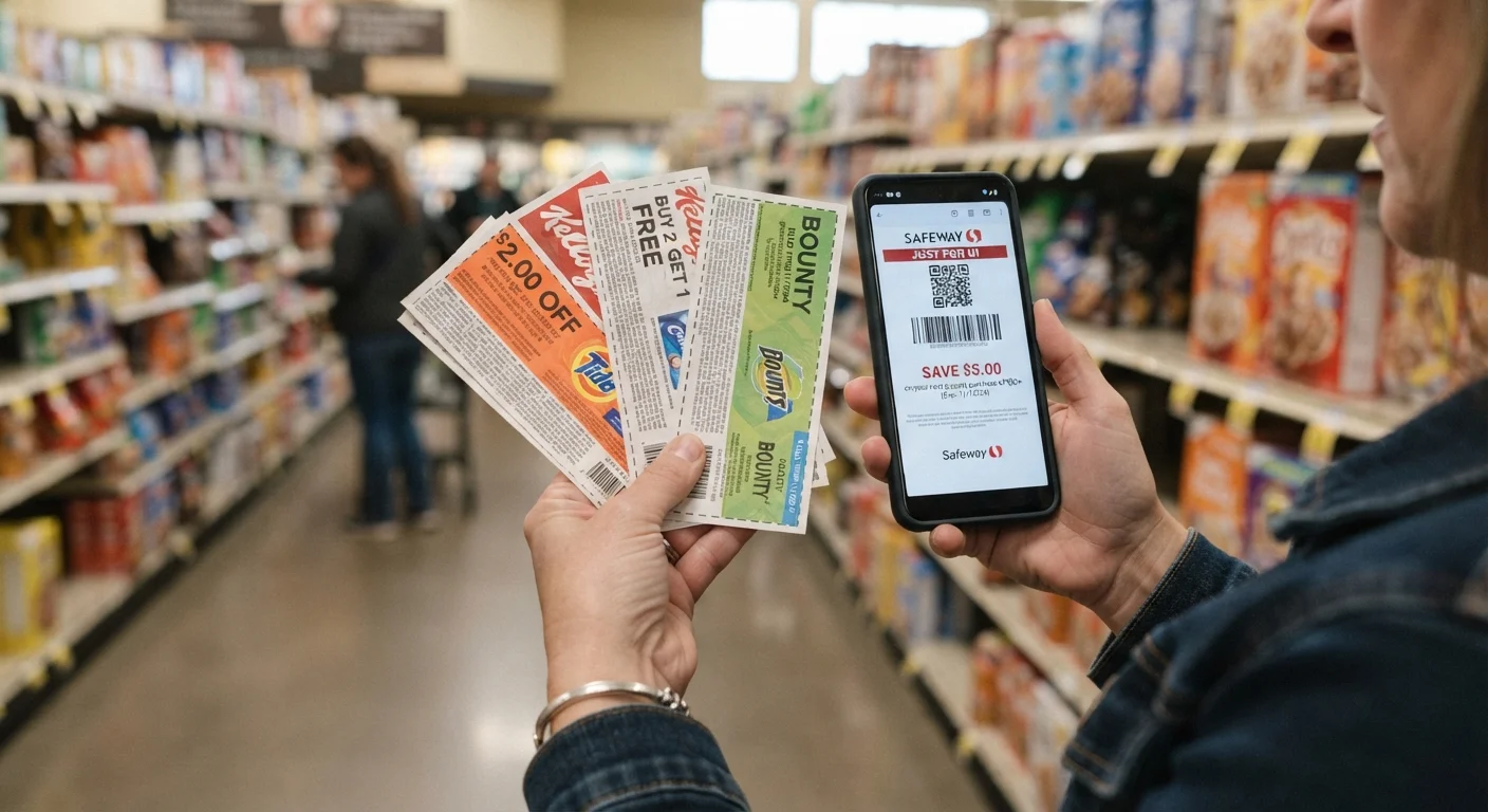 Hand holding paper coupons and a phone displaying a digital coupon offer side by side