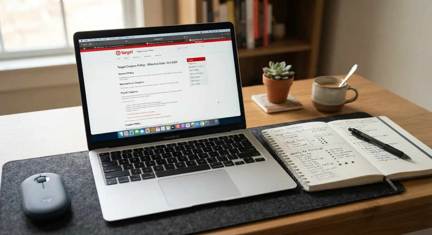 Laptop showing a store coupon policy page with handwritten notes in a notebook nearby