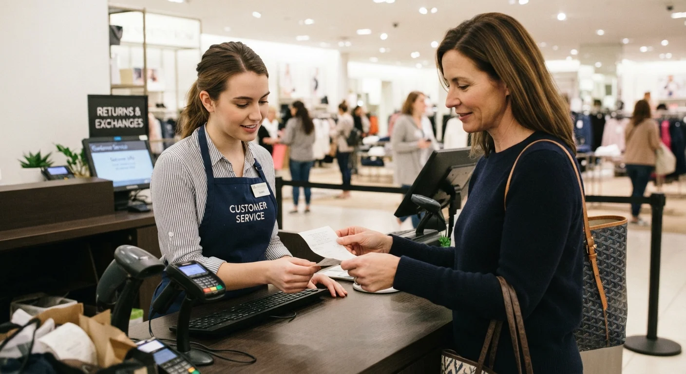 Shopper and store associate reviewing a receipt together at a customer service desk