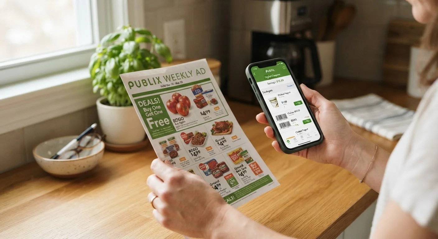 Hands holding a grocery store circular and smartphone with a coupon app open side by side