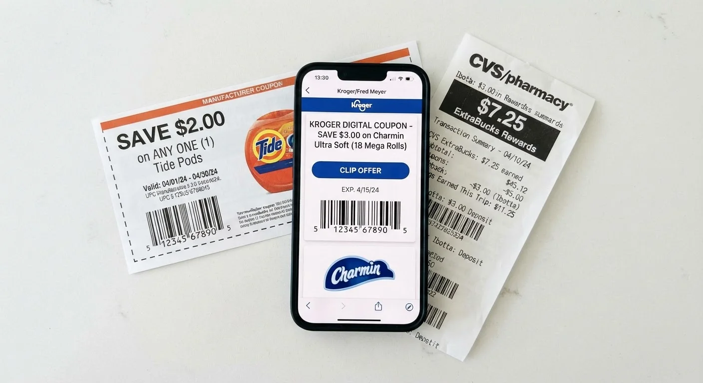 Three stacked savings tools: a manufacturer coupon, store digital offer on a phone, and a cashback app summary