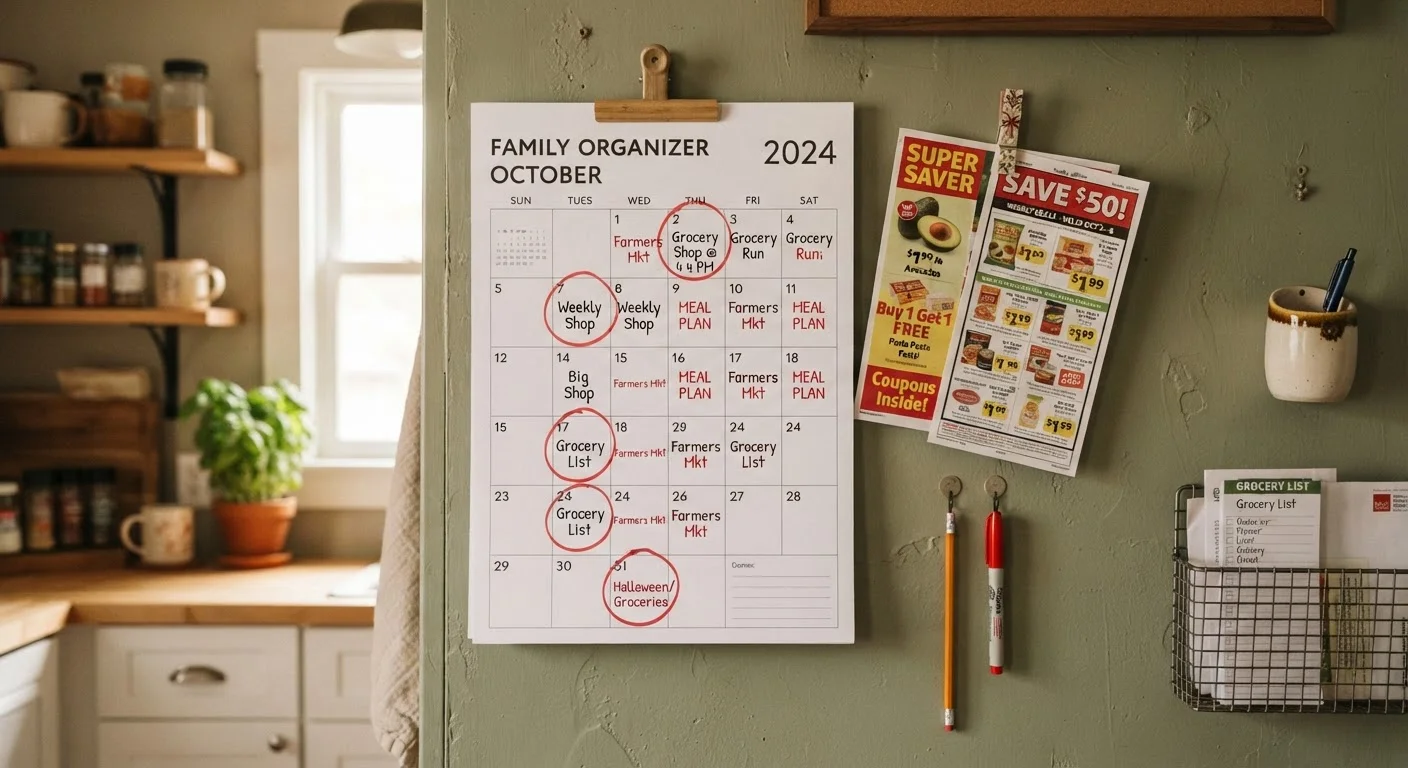 Kitchen wall calendar with circled shopping dates and coupon inserts pinned nearby for planning