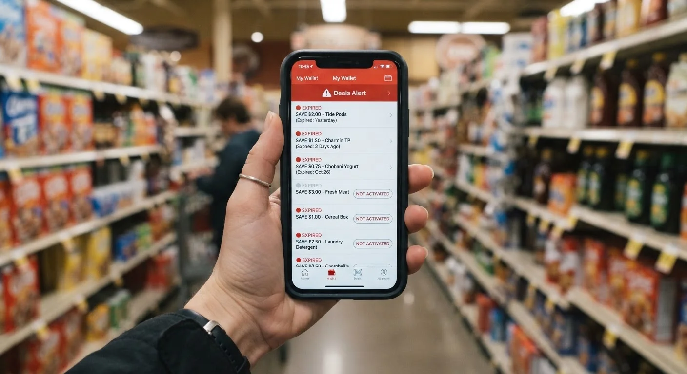 Smartphone displaying expired and unactivated digital coupon offers in a grocery store setting