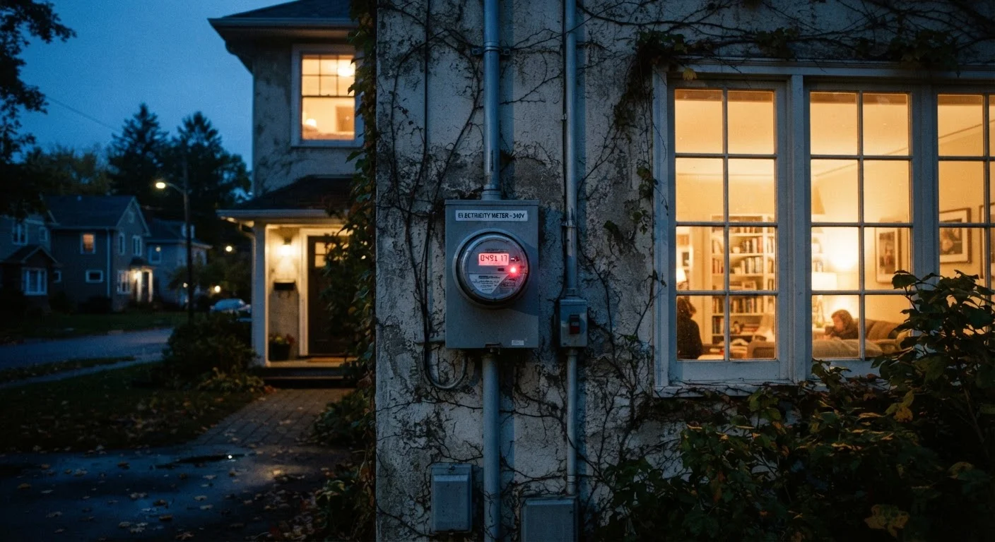 Close-up of a glowing electricity meter on a home exterior wall at dusk
