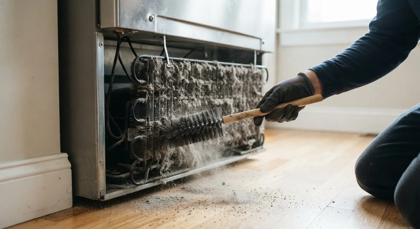 Dirty refrigerator condenser coils being cleaned with a brush during home maintenance