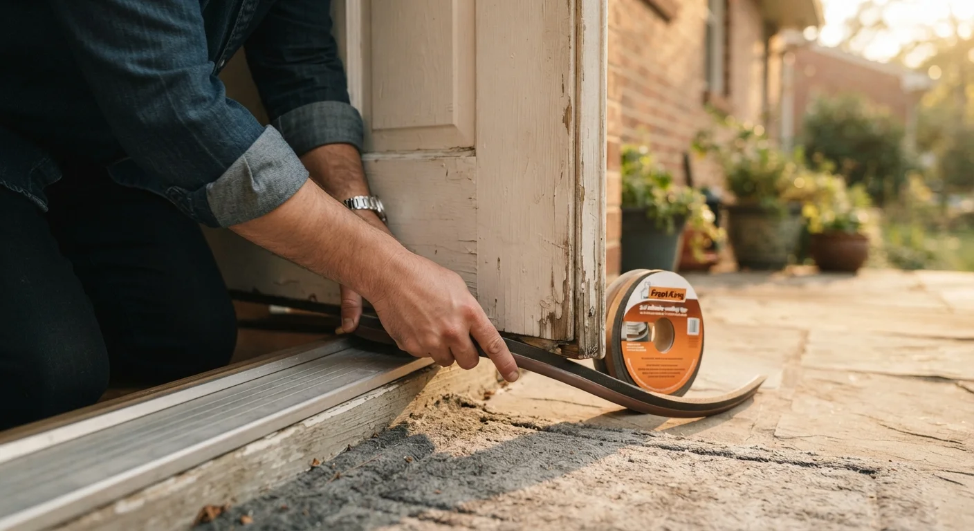 Person applying weatherstripping tape along the base of an exterior door to seal air leaks