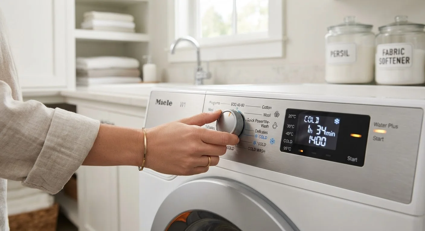 Washing machine dial being turned to cold water setting in a bright modern laundry room