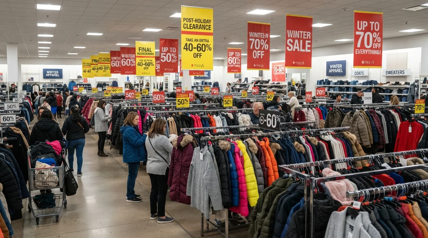 Post-holiday retail clearance section with large discount signs above winter coats and sweaters.