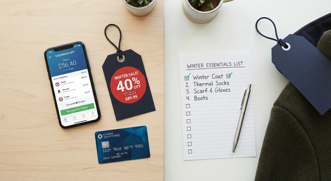 Smartphone with cashback app, credit card, shopping list, and winter coat clearance tag arranged on a desk.