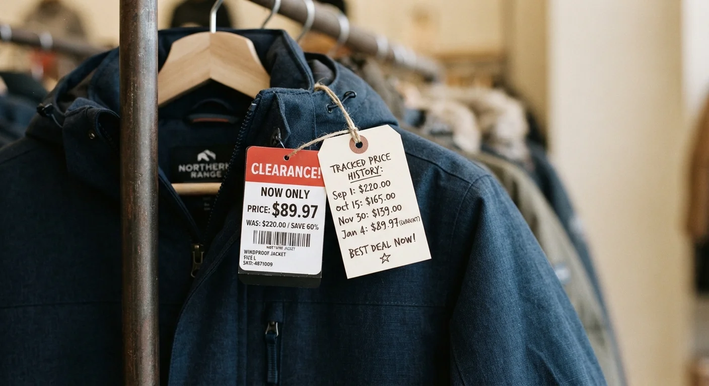 Clearance price tag on a winter jacket next to a handwritten price history comparison note.