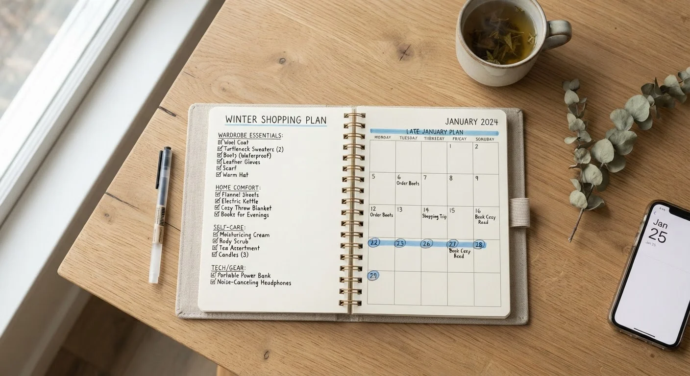 Open planner notebook with a winter shopping list, pen, and calendar highlighting late January clearance dates.