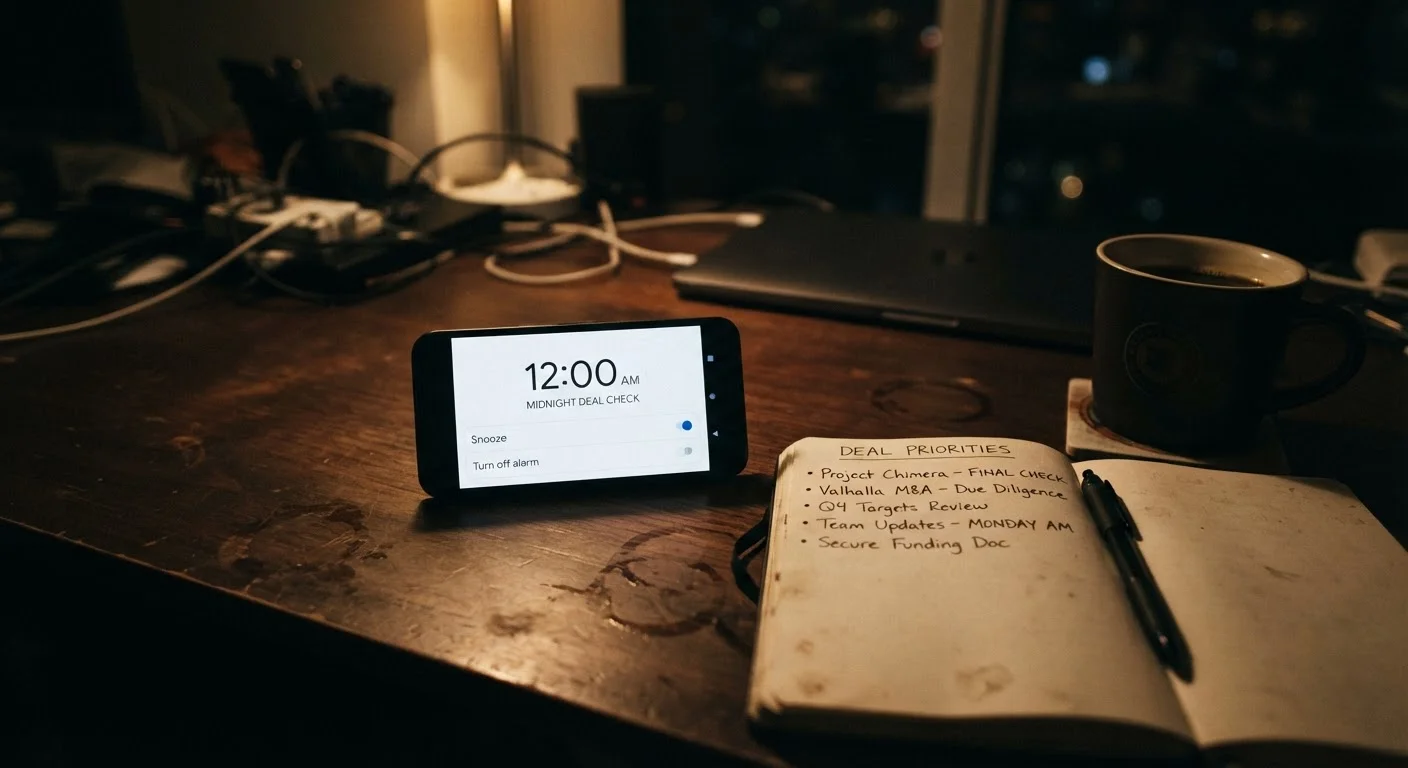 Smartphone alarm set for midnight beside a handwritten Cyber Monday deal priority list