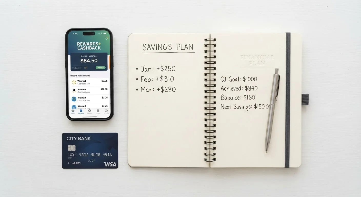 Credit card and cashback app on smartphone alongside handwritten savings calculations