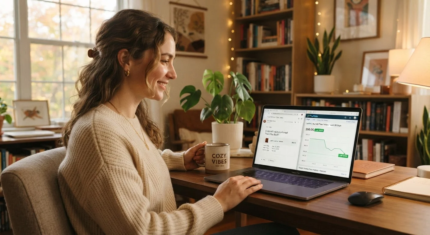 Person reviewing order confirmation email and price tracking chart after completing Cyber Monday purchase